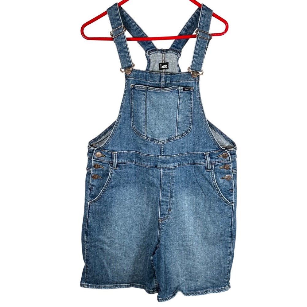 Lee Womens Denim Bib Shortalls Medium Wash Blue Stretch Overalls Size Large